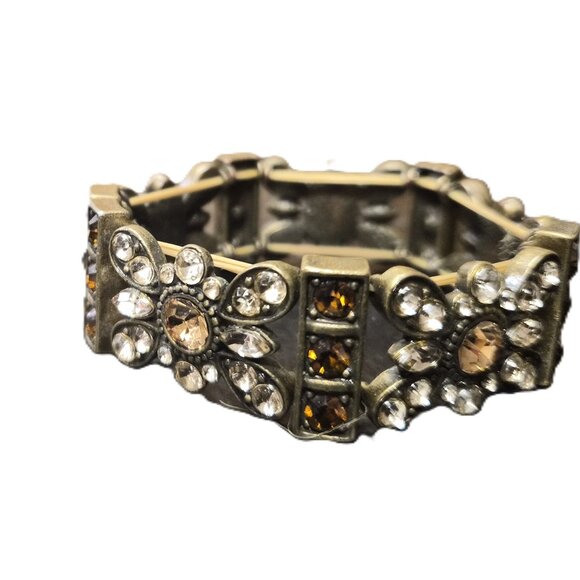 VTG Brass Stretch Bracelet with Clear/Champagne Rhinestones Floral Design Boho - Picture 4 of 5